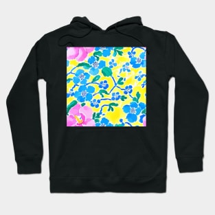 Pink and blue preppy flowers on yellow Hoodie